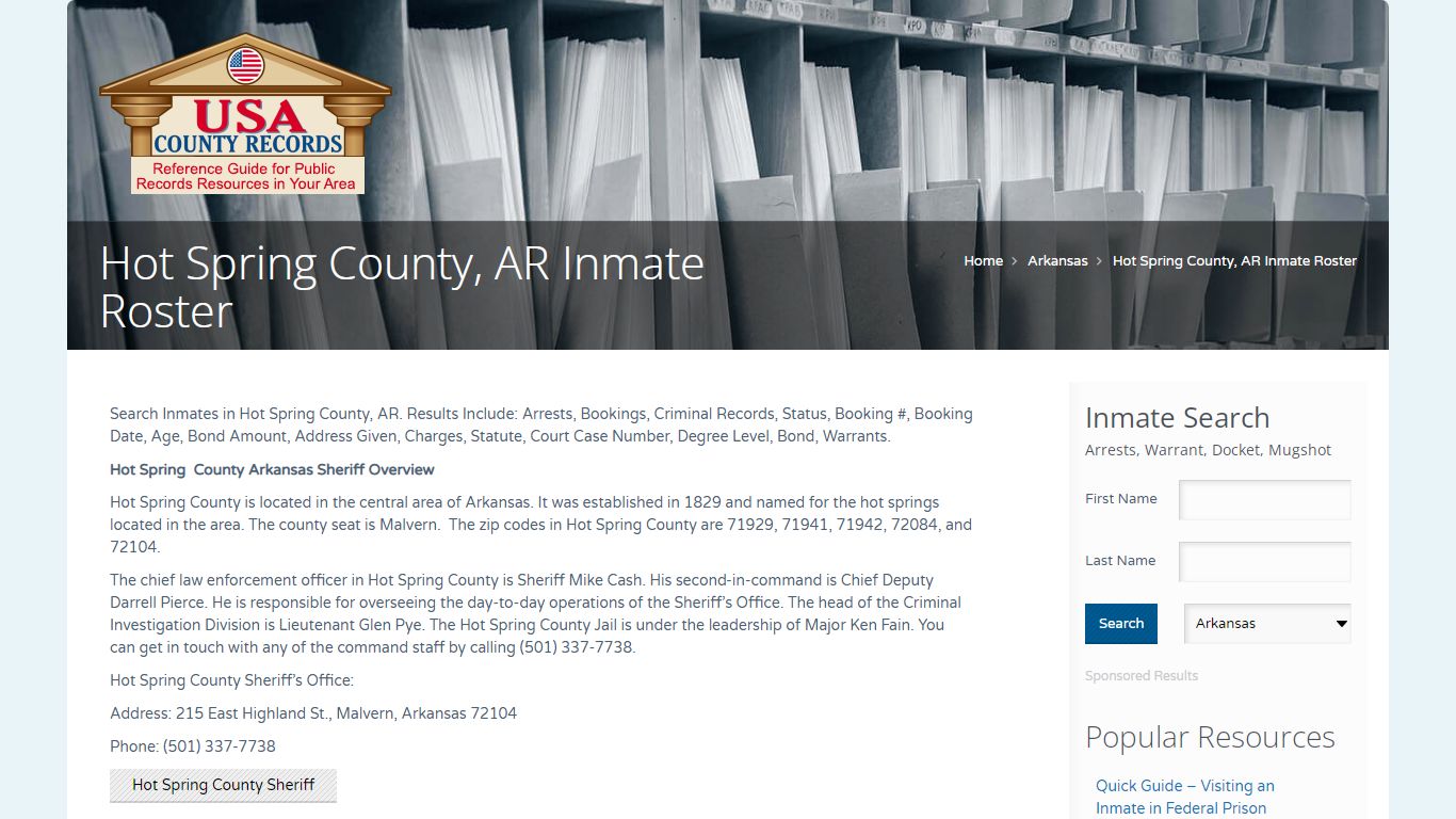 Hot Spring County, AR Inmate Roster | Name Search